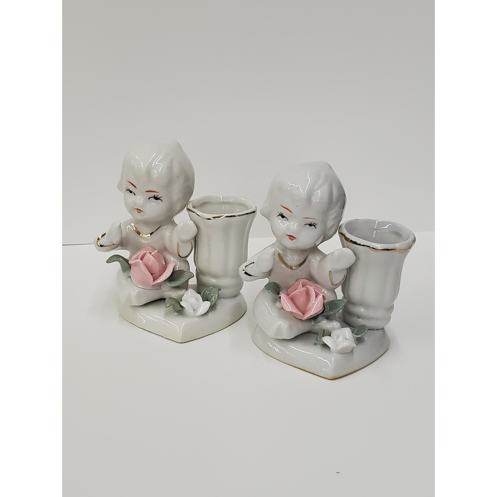 Vintage Ceramic Cherub Angel Figurine Set Pink Rose Bud Vase Gold Trim 2pc